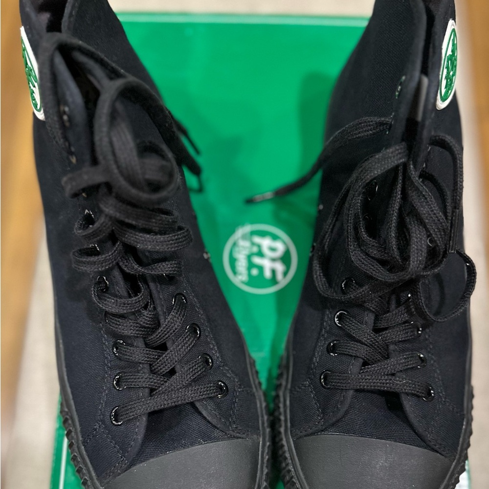 Men’s P.F. Flyers size 13 Black canvas. Excellent condition worn 1 time